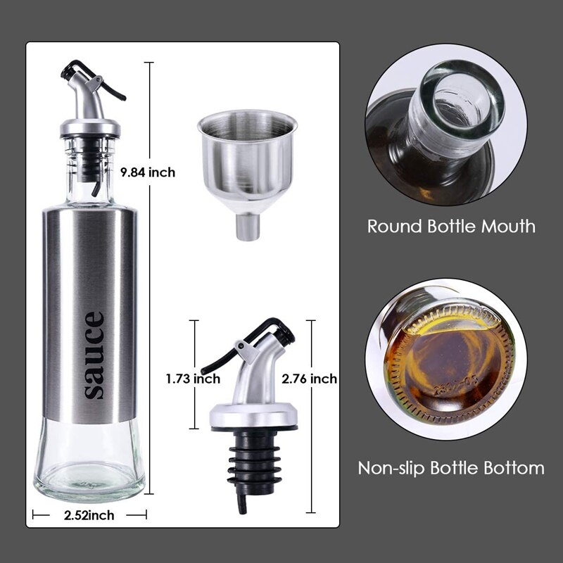 Olijfolie Dispenser Fles 3Pack, 11Oz Glas Roestvrij Staal Olie Azijn Dispenser Gieten Tuiten Sojasaus Container