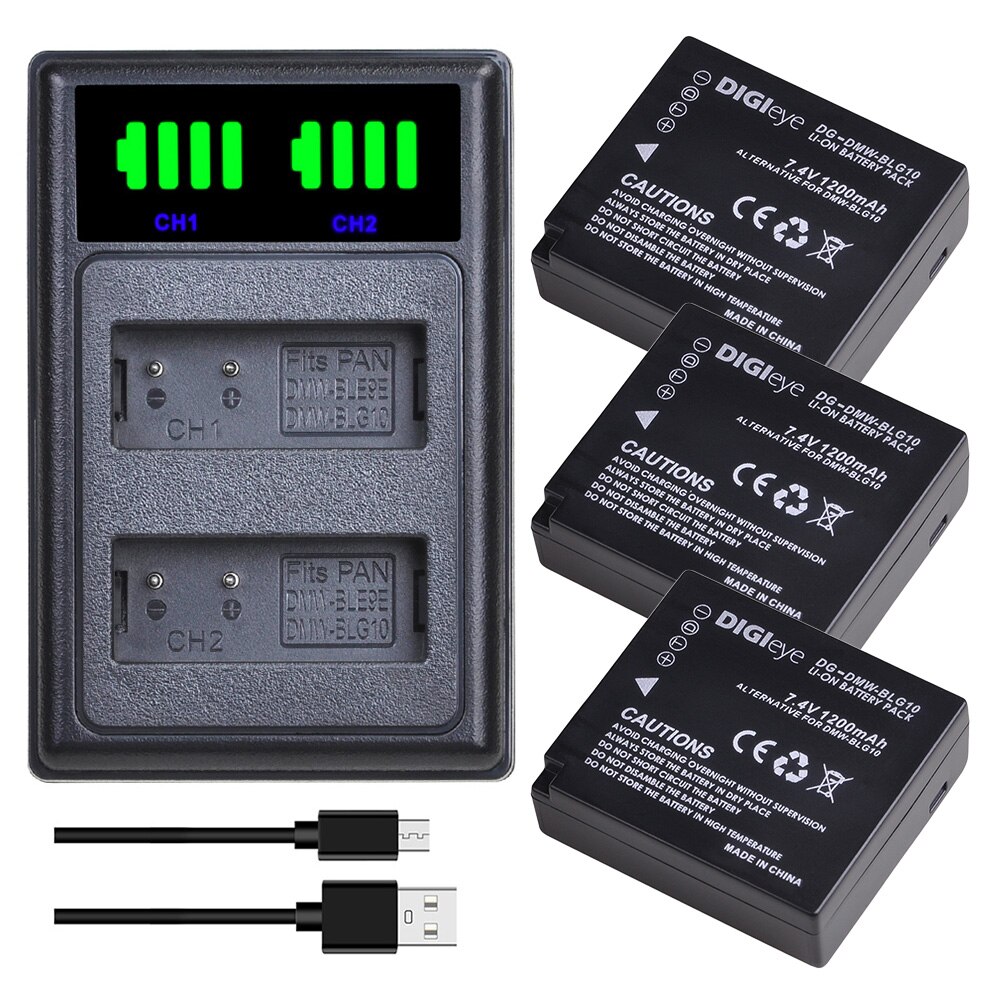 DMW-BLG10 BLG10E BLG10PP Batterie &amp; Chargeur LED pour Panasonic LUMIX GF5 GF6 GX7 GX9 GX80 GX85 ZS200 LX100 Caméras: 3 battery set