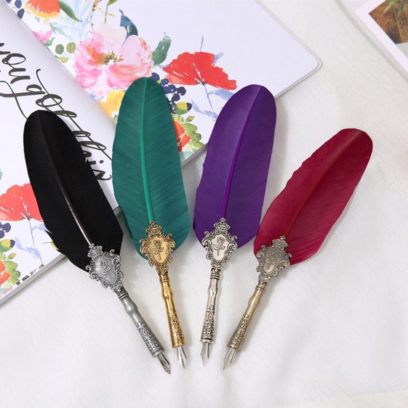 Retro Classical Feather Quill Dip English Calligraphy Fountain Pen with Writing Ink 5 Nibs Kit Set Stationery Box