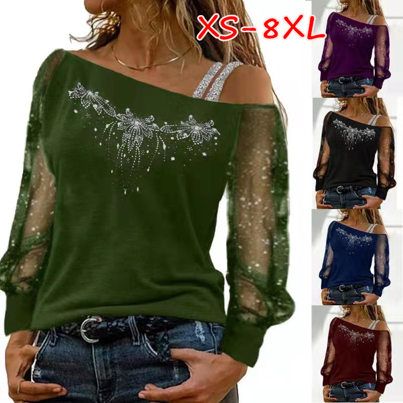 Xs -8xl kanten blouse dames sexy lange mouwen schuine kraag off-shoulder patchwork tops casual herfst diamanten blouses