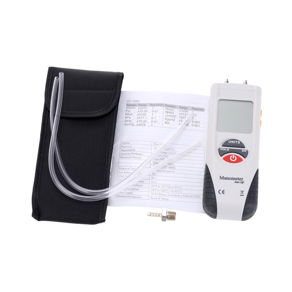 LCD HT-1890 Digital Manometer Air Pressure Meter Pressure Gauges Differential Gauge Kit + Case+Retail Box Data Hold 11 Units