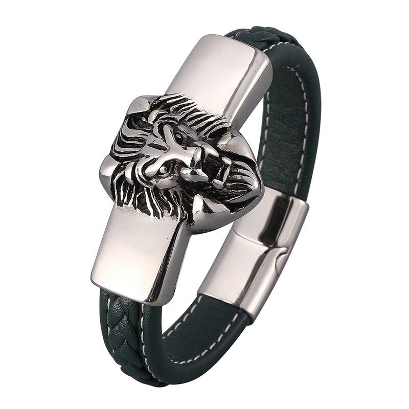Green Leather Bracelet Men Hip Hop Leo Lion Head Stainless Steel Magnetic Buckle Rock Punk Bangles Party Jewelry SP0823