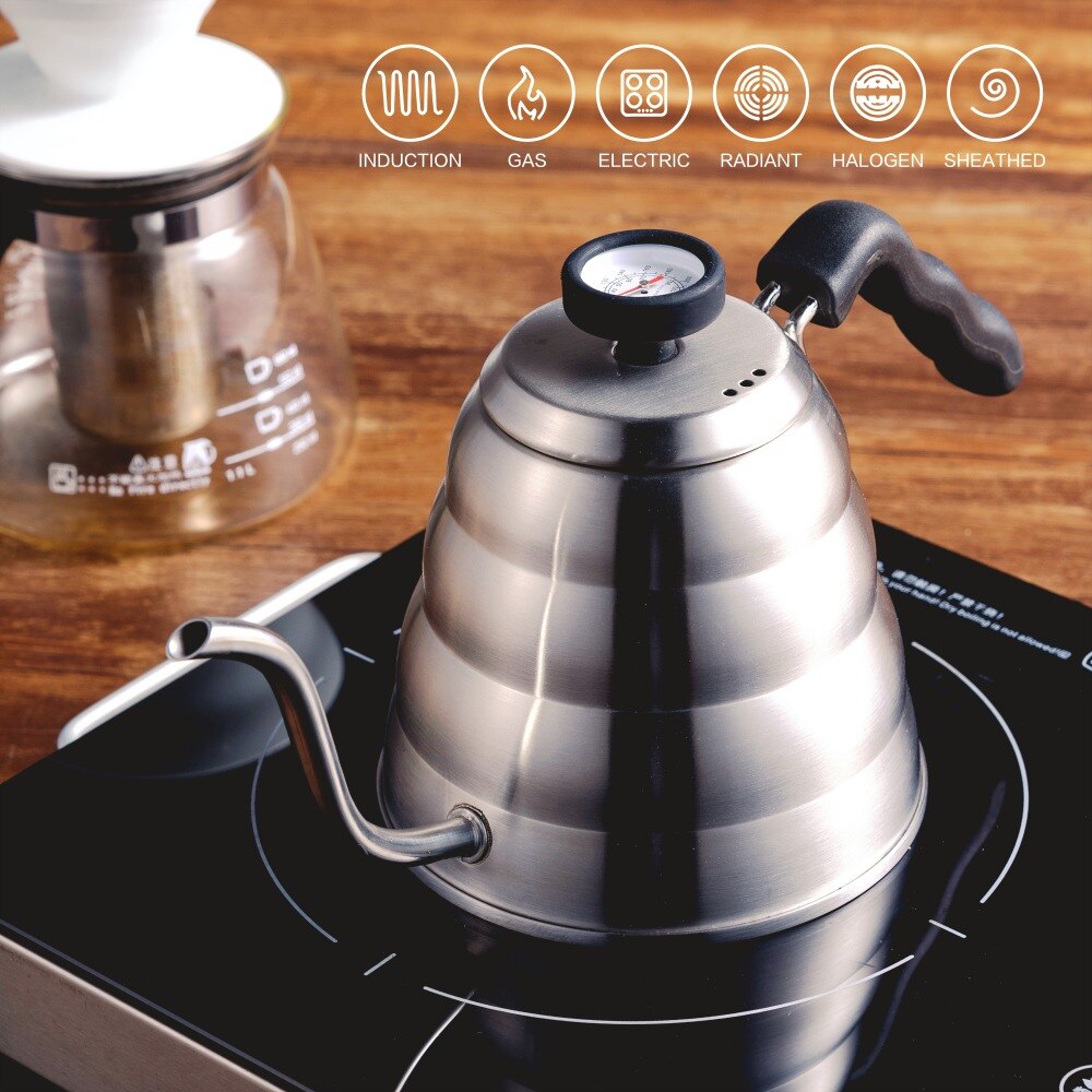 Kaffekanna i rostfritt stål med termometer, tunn svanhals för häll över kaffekanna, fungerar på spishäll , 40oz/1.25l