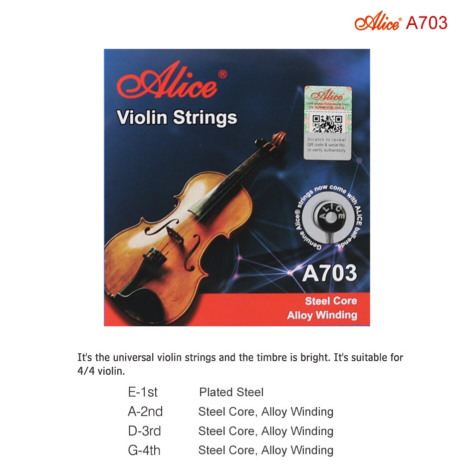 Alice  a703 rustfrit stål legering viklet sølv stål violinstrenge 4 stykker eadg til 4/4 3/4 1/2 1/4 1/8