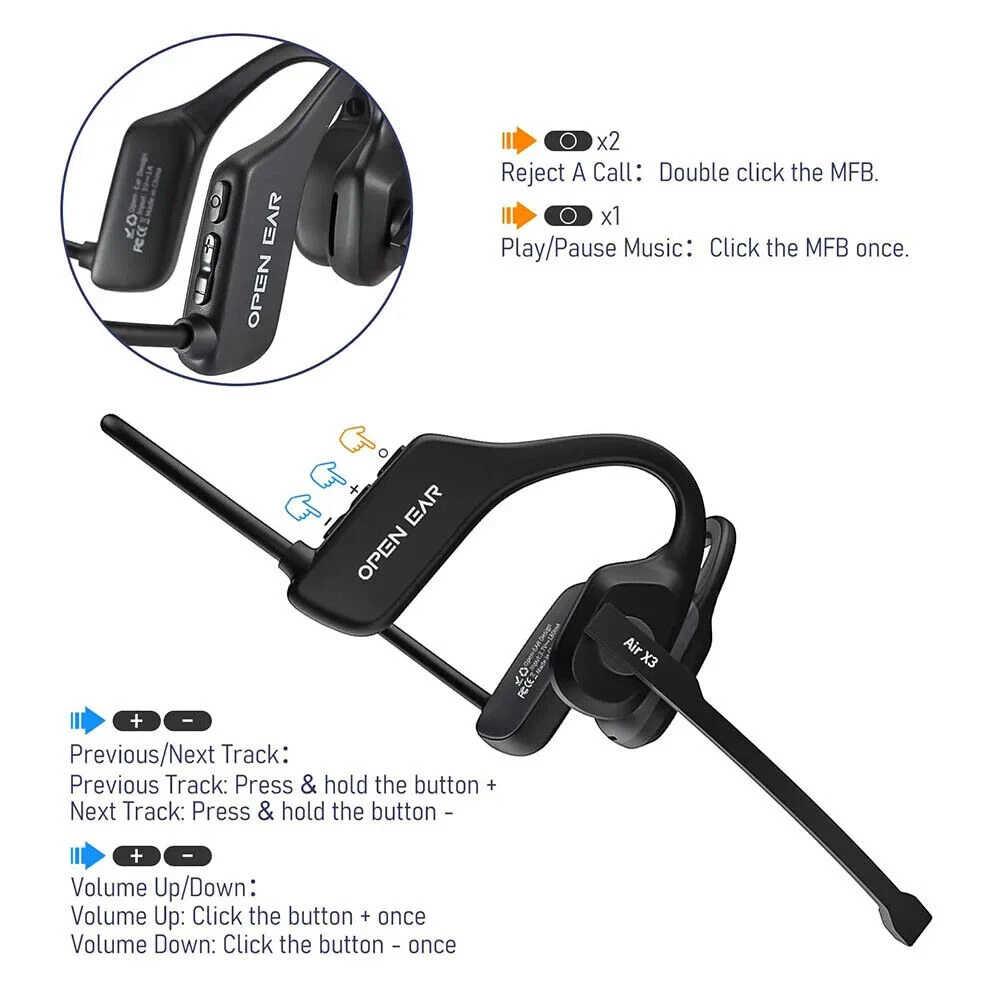 Cuffie Bluetooth per camionista Cuffie wireless sportive con microfono a braccio rimovibile Pulsante muto Auricolari Bluetooth a orecchio aperto