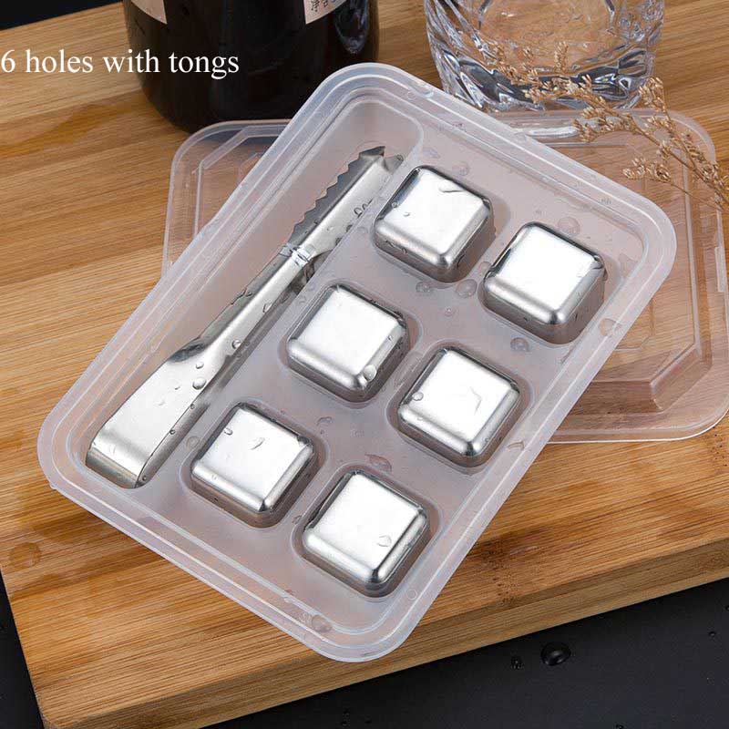Ice Cube Maker Square Shape Mould Ice Tray DIY Tool Whiskey Wine Cocktail Ice Cube 304 Stainless Steel Mold Bar Tool 4/6/8 Hole: 6 holes with tongs