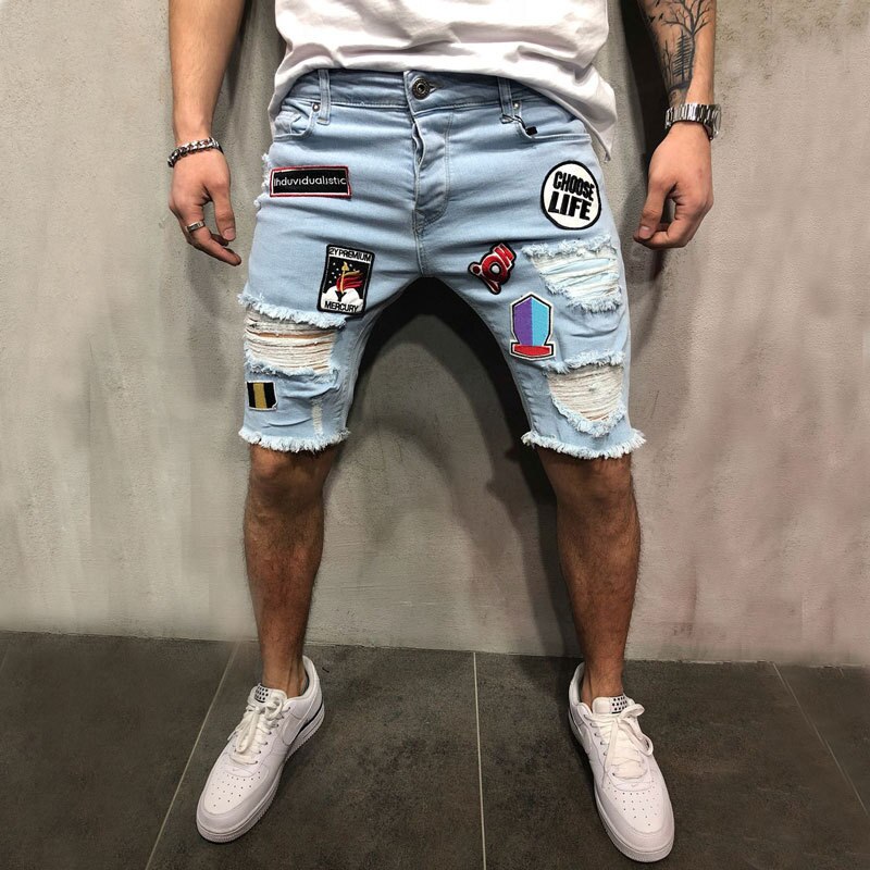 Kenntrice Casual Summer Men Jeans Vintage Slim Fit High Elastic Men Ripped Jeans short pantalon Knee Length Pants Denim Shorts: XXXL