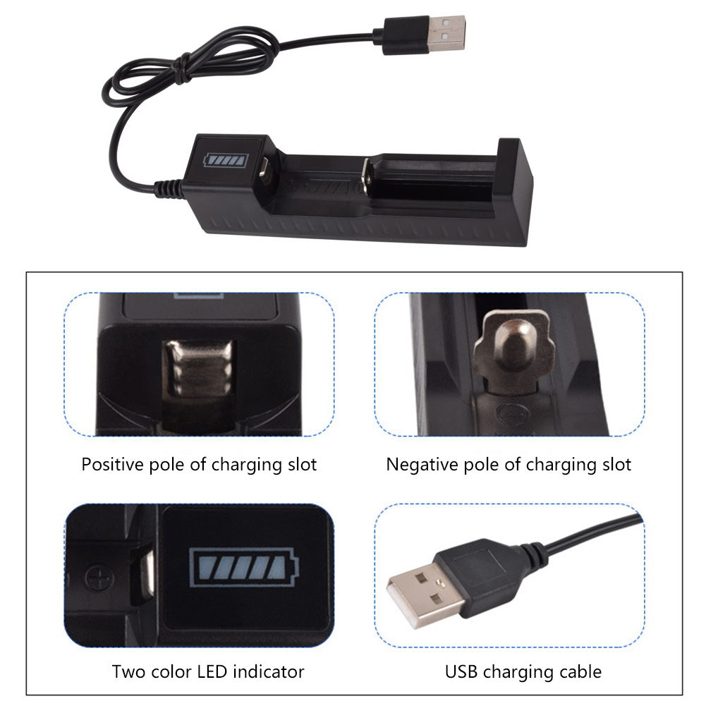 Bateria de lítio recarregável com carregador de 1 slot para 16340 14500 18650 26650 3.7V Bateria de lítio USB Carga rápida