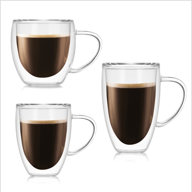 Dubbelwandige glazen koffie- en theekop, hittebestendige koffiekop met dubbele laag glas en handvat