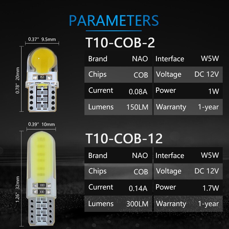 NAO T10 doprowadziło biały 10x W5W 12V doprowadziło żarówka 5W5 dla silnik samochodowy oświetlenie wnętrza kaczan samochód 194 168 Super jasna biała żółta czerwona kryształ