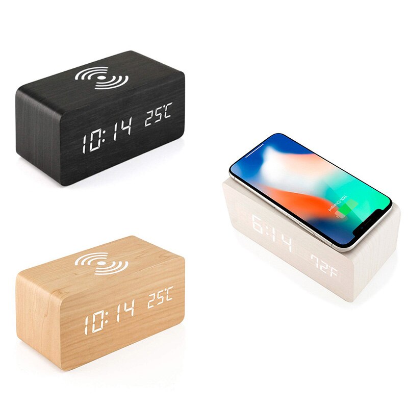 Houten wekker met draadloos qi-oplaadstation, compatibel met iphone samsung, houten led-digitale klok, geluidsregelingsfunctie