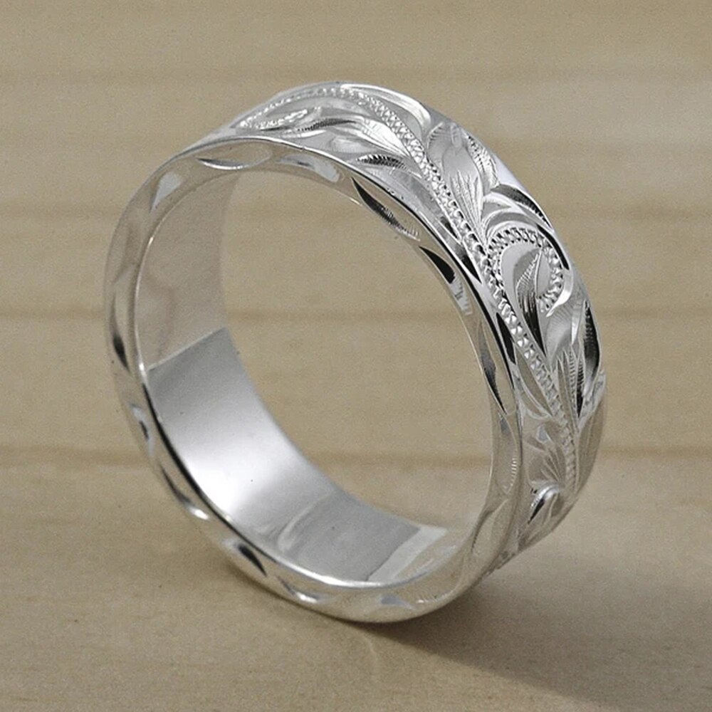 Huitan Trendy Engraved Flower Leaf Pattern Women Wedding Band Rings Romantic Accessories for Lover Versatile Jewelry