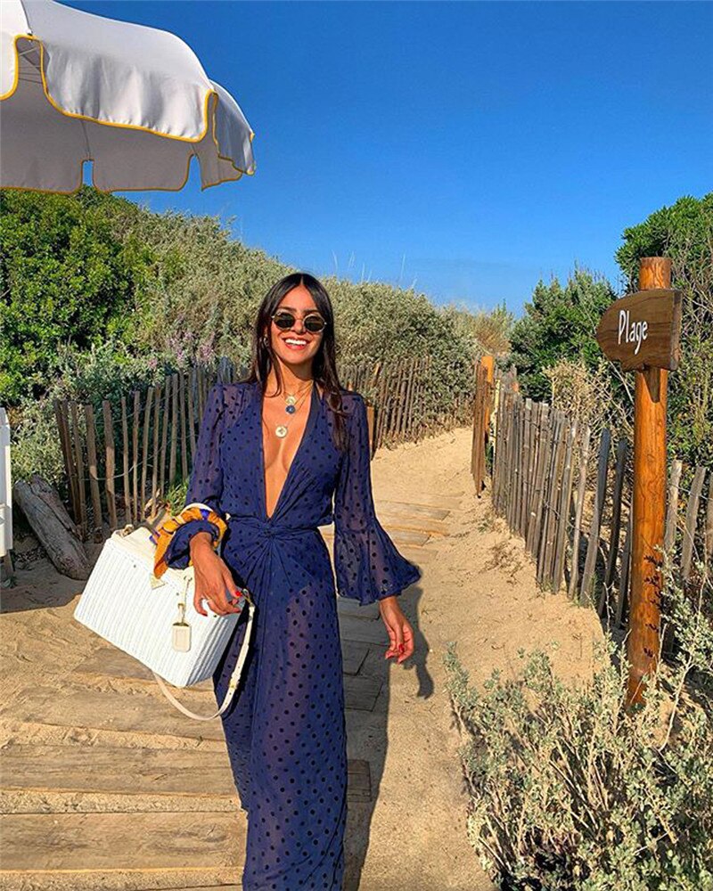 Strandkleding cape kaftan lange uitlopende mouwen badpak badpak cover-up pareo zee strandjurk tuniek: Blauw / Ik