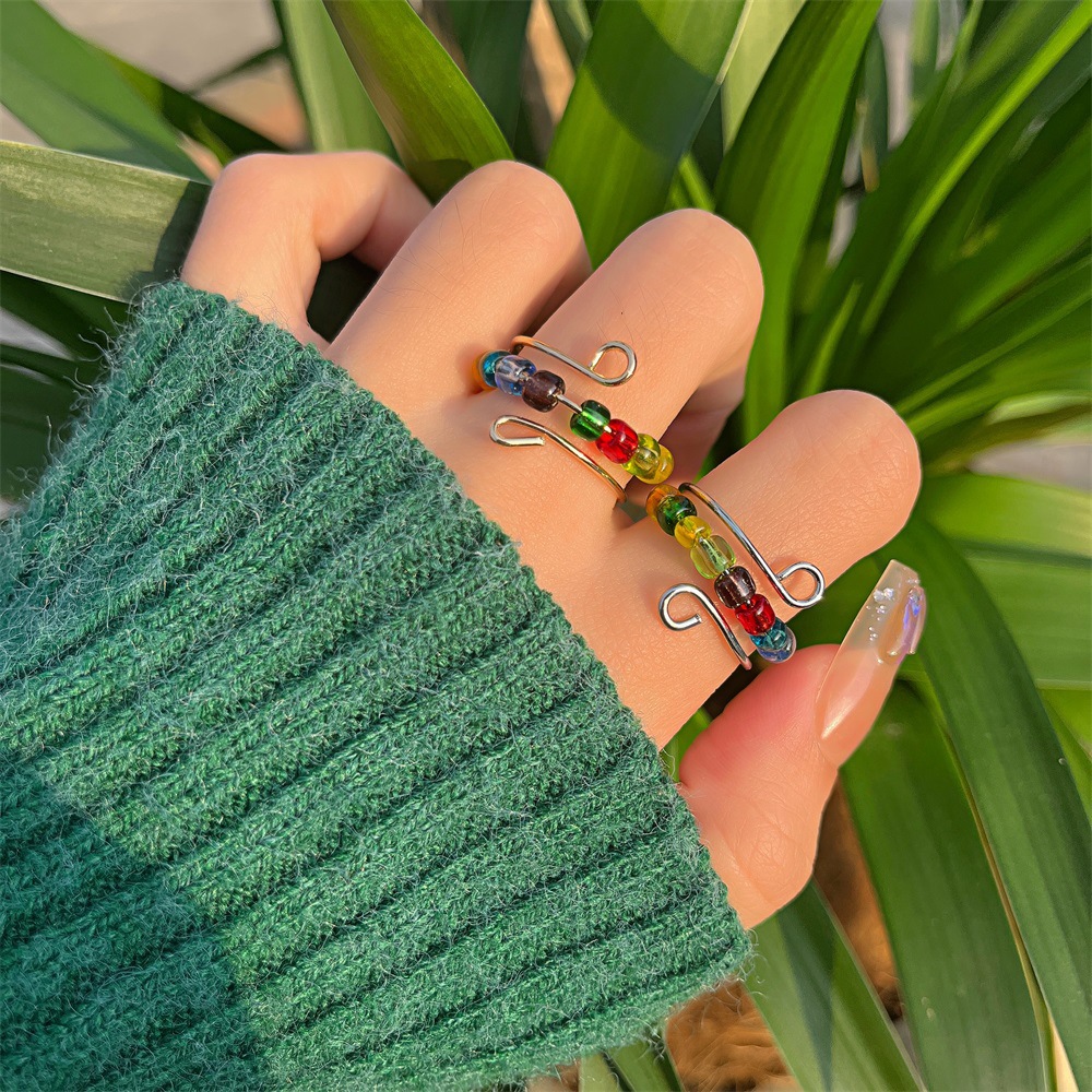 Trendy Rainbow Anxiety Rings Adjustable Stainless Steel Fidget Rotate Bead Anti Stress Relief Finger Ring Jewelry For Women