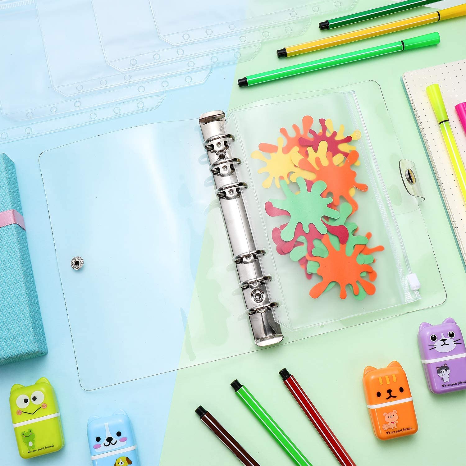 Aasjbofa A6 A7 Size Clear PVC Binder Pockets 6-Ring Loose-Leaf Planner Notebook Refills Storage Bag with Clear Soft Binder Cover