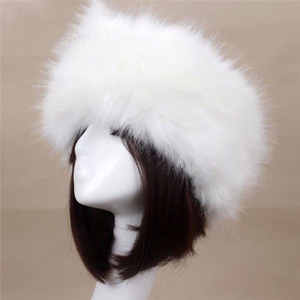 Winter Thick Furry Hairband Fluffy Russian Faux Fur Women Girl Fur Headband Hat Winter Outdoor Earwarmer Ski Hats: White
