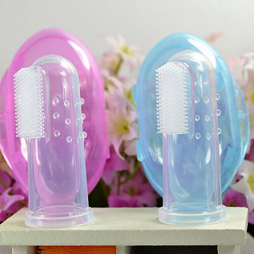 Bonito do bebê dedo escova de dentes com caixa crianças limpar massagem silicone macio infantil borracha escova de limpeza massageador conjunto menino