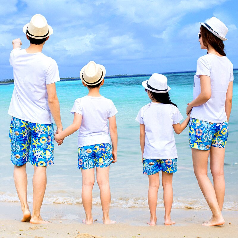 Sommar familj matchande set mor dotter far son bomull t-shirt +shorts 2 st set par älskare seaside kläder set