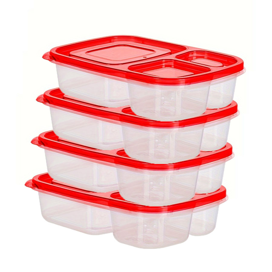 Fiambreras apilables originales, recipientes de comida reutilizables de 3 compartimentos para niños y adultos, fiambrera Bento para trabajo de comida, 4 Uds.: Rojo