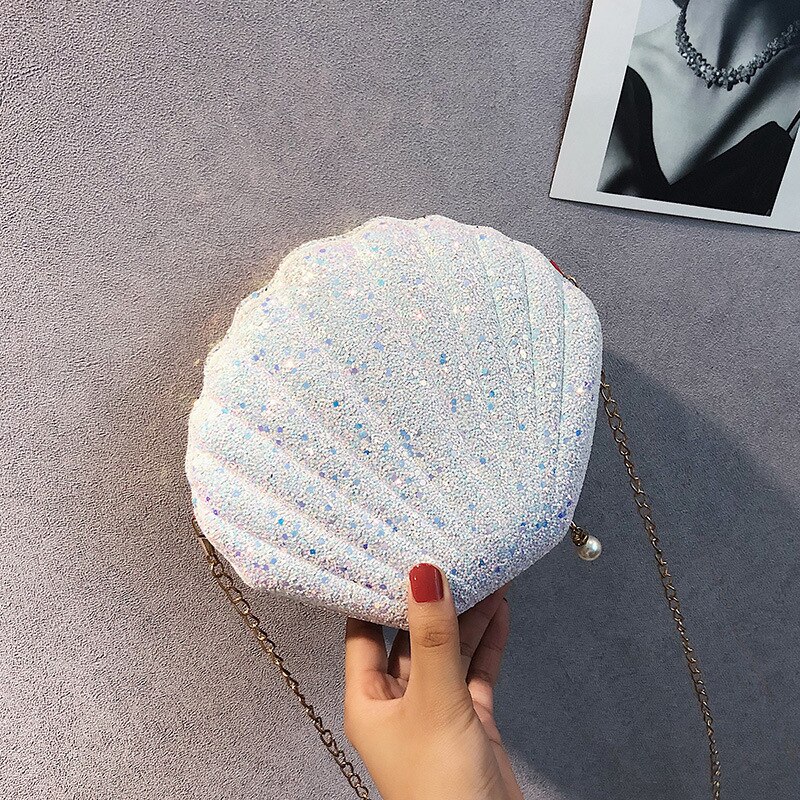 Chain Sequined Shoulder Bag for Women Pu Leather Handbags Cute Shell Shape Purse Mini Bag Bolsa Feminina Messenger Bag