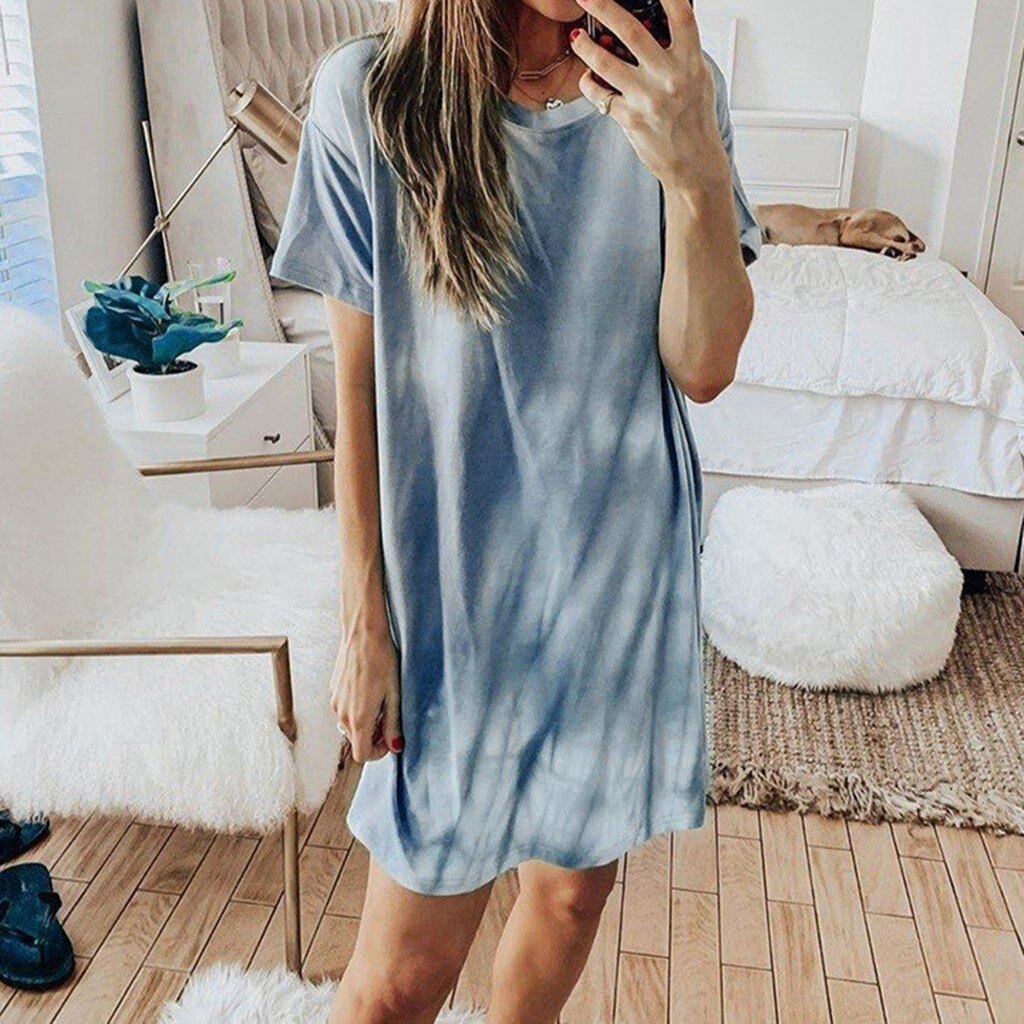 Gradiënt Afdrukken Losse Korte Jurk Thuis Kleding Vrouwen Korte Mouwen Lichtblauw Tie-Dye Jurk Mini Tennis Jurk