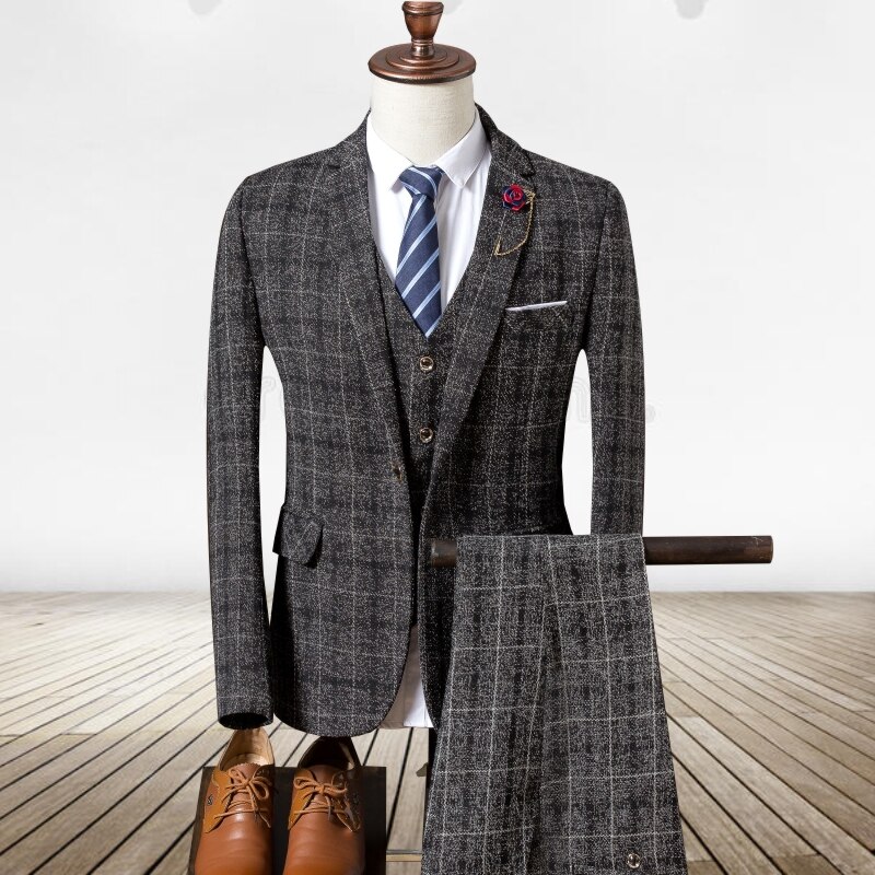 (Jacket + vest + pants) men's slim suit, high-end business plaid suit jacket, men's wedding banquet dress three-piece