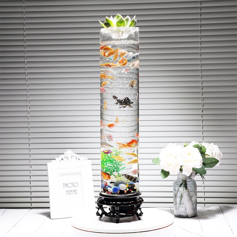 Standing Barrel Shape Fish Tank 360 Ultra Clear Glass Fish Bowl Desktop Mini Ecological Aquarium Room Decor with LED Air Pump