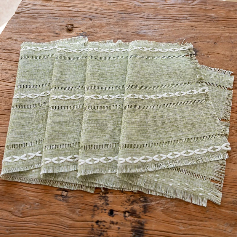 Mantel Individual a rayas de granja bohemia, color verde claro, 33x45cm, tapete de mesa rústico con borlas para decoración de cena de cocina, de boda y cumpleaños: Azul