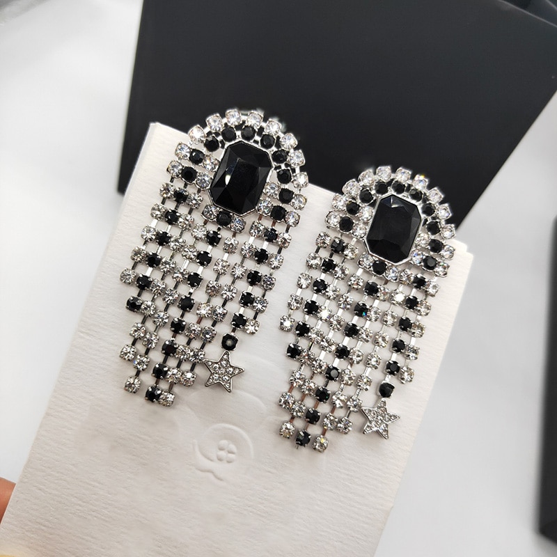Brand Big Jewelry Tassel Star Flower Clip Earrings Black Crystal Earrings Tassel Star Wedding Party Clip Earrings