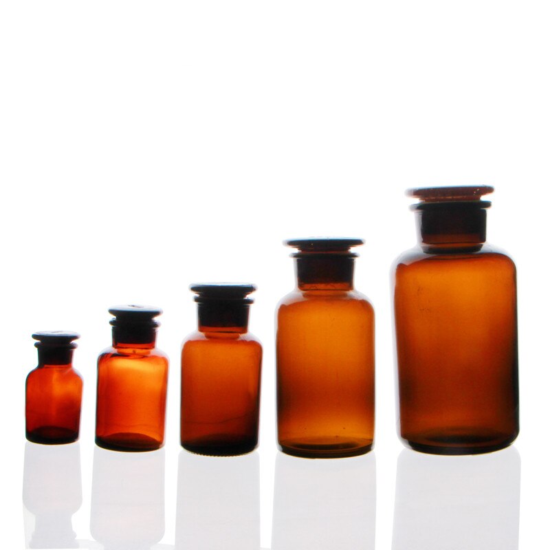 Frascos marrones, tapones de vidrio esmerilado, botellas de vidrio selladas, equipo de laboratorio, varios tamaños
