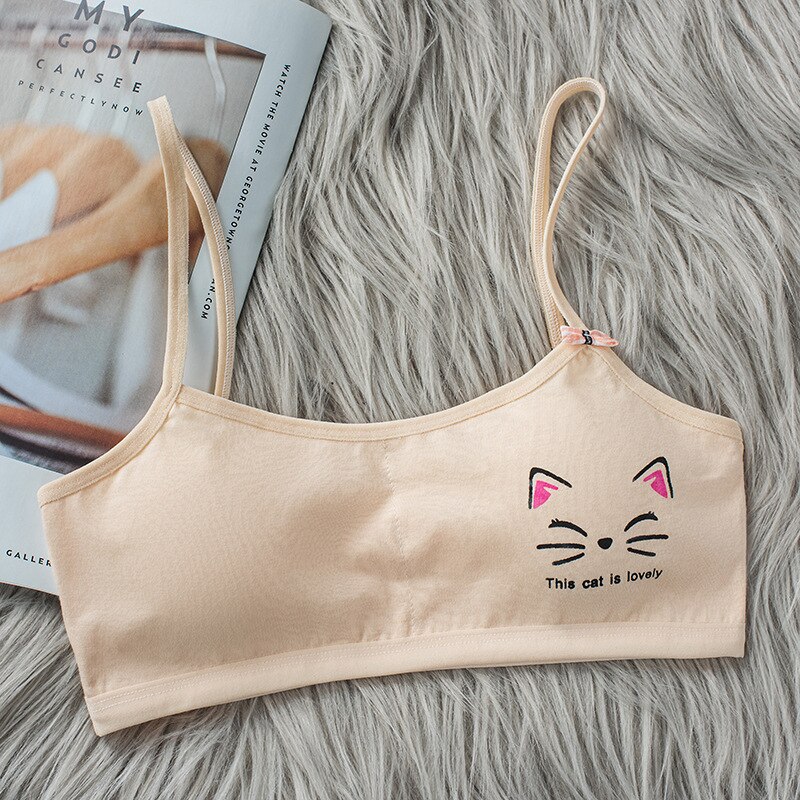 Girl Bra Cartoon Cat Pattern Vest Base Tube Top Cotton Wireless Comfort Bra Sports Bra 8-16 Years Old Training Bra: 3