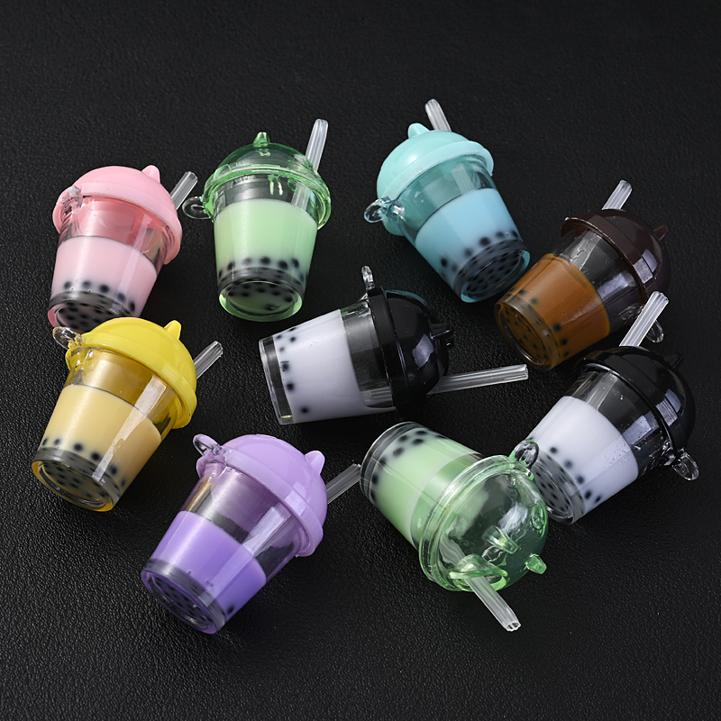 10Pcs Cute Colorful Milk Tea Milkshake Bottle Straw Acrylic Charms Drinks Beverage Pendant for Jewelry Making Necklace