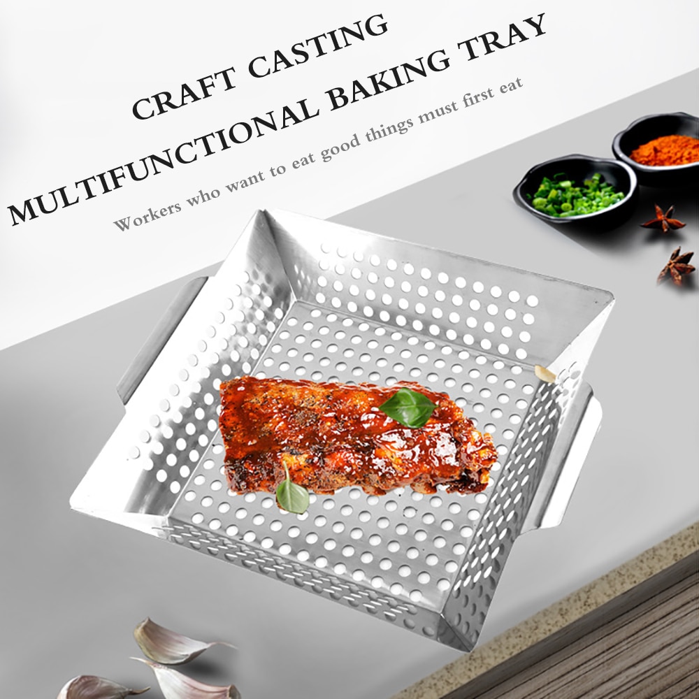 Barbecue Grill Pan Baking Tray Stainless Steel Square Vegetable Grill Barbecue Basket VeggiesOutdoor Camping Picnic Cookware BBQ