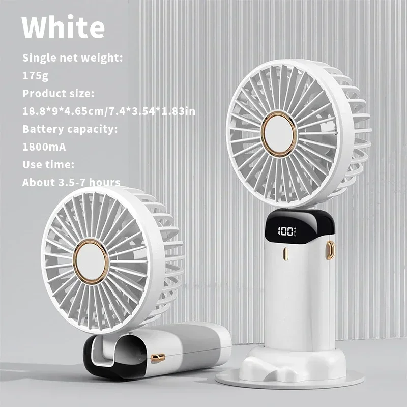 USB-Hand-Mini-Ventilator, faltbar, tragbar, zum Aufhängen bin Hals, 5-Gang-USB-wiederaufladbarer Ventilator mit Telefonständer und Bildschirm: Weiß