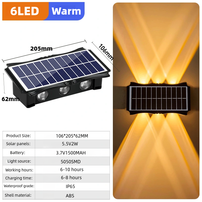 LED-wandlampen op zonne-energie Buiten op en neer Lichtgevende verlichting Decorverlichting op zonne-energie voor huis buiten veranda balkon tuin: Zonnig Geel