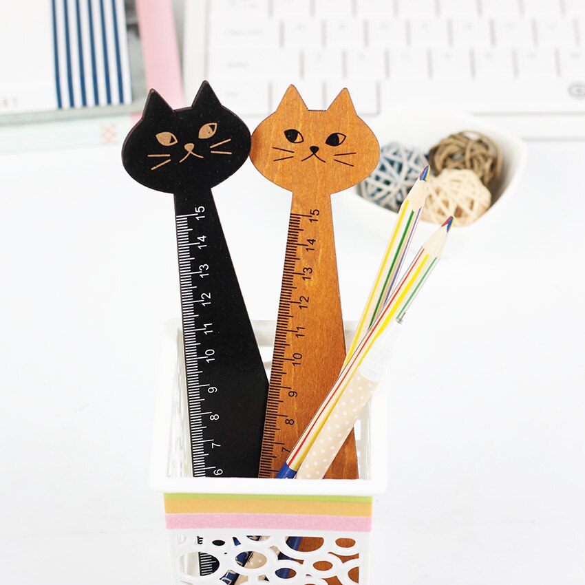 1PC Leuke Hout Dier Straight Heerser Mooie Kat Vorm Heerser voor Kids School Stationery Zwart Geel