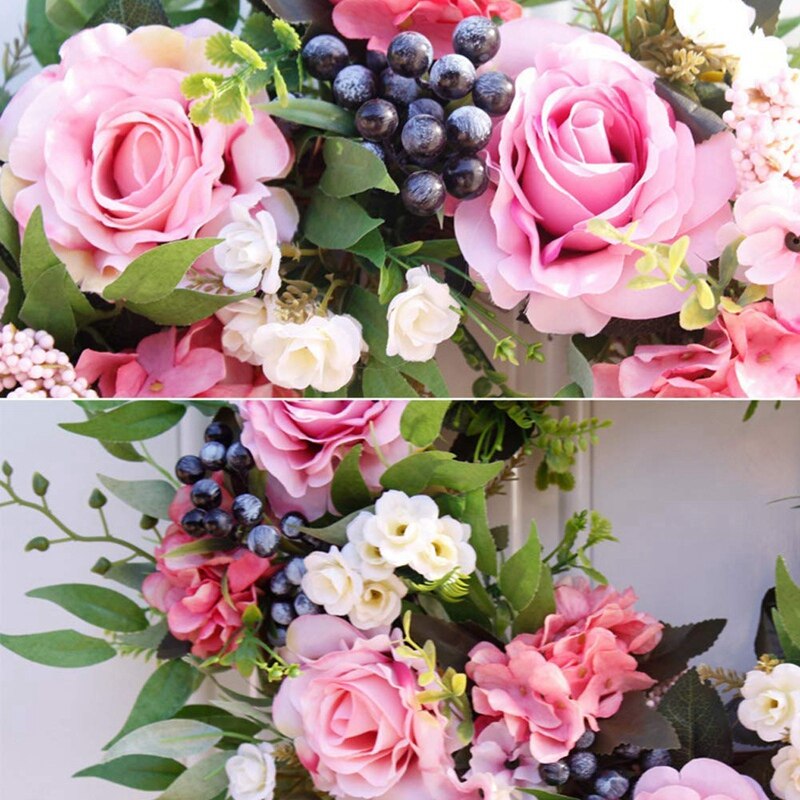 55cm Rose Wreath, Large Rustic Farmhouse Decorative Artificial Flower Wreath, Faux Floral Wreath for Front Door Window Wedding O