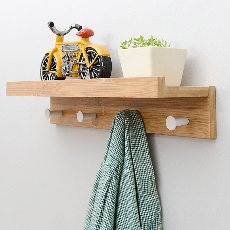 Nordic Houten Muur Haak Display Rack Muur Opknoping Kapstok Veranda Muur Creatieve Home Decoratie Jas Hoed Muur Plank: Wood color 4 hooks