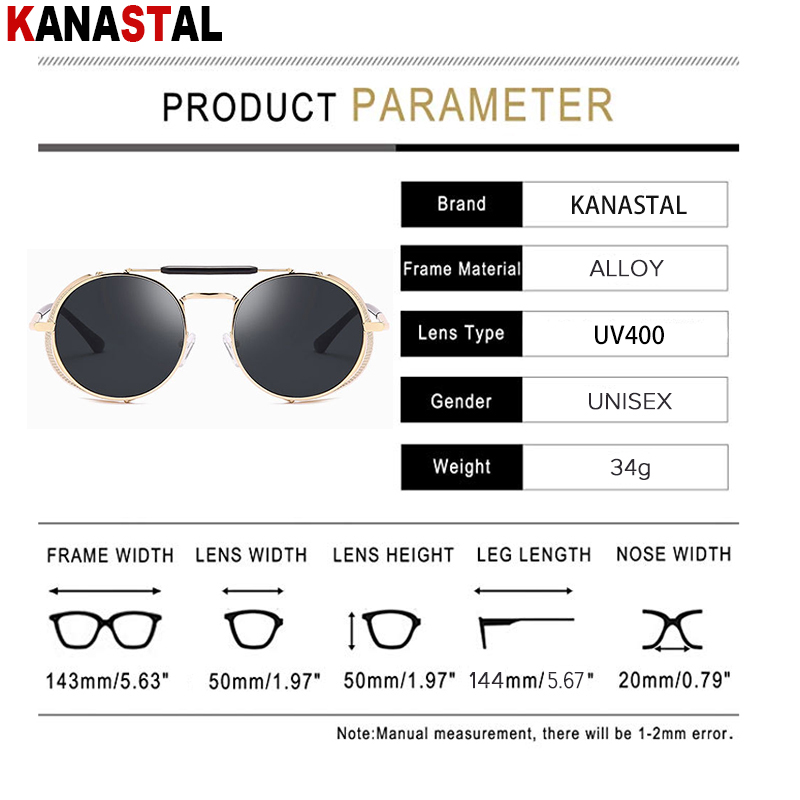 Retro Round Steampunk Sunglasses Men Women UV Side Shield Glasses Metal Frame Gothic Mirror Lens Sun Glasses