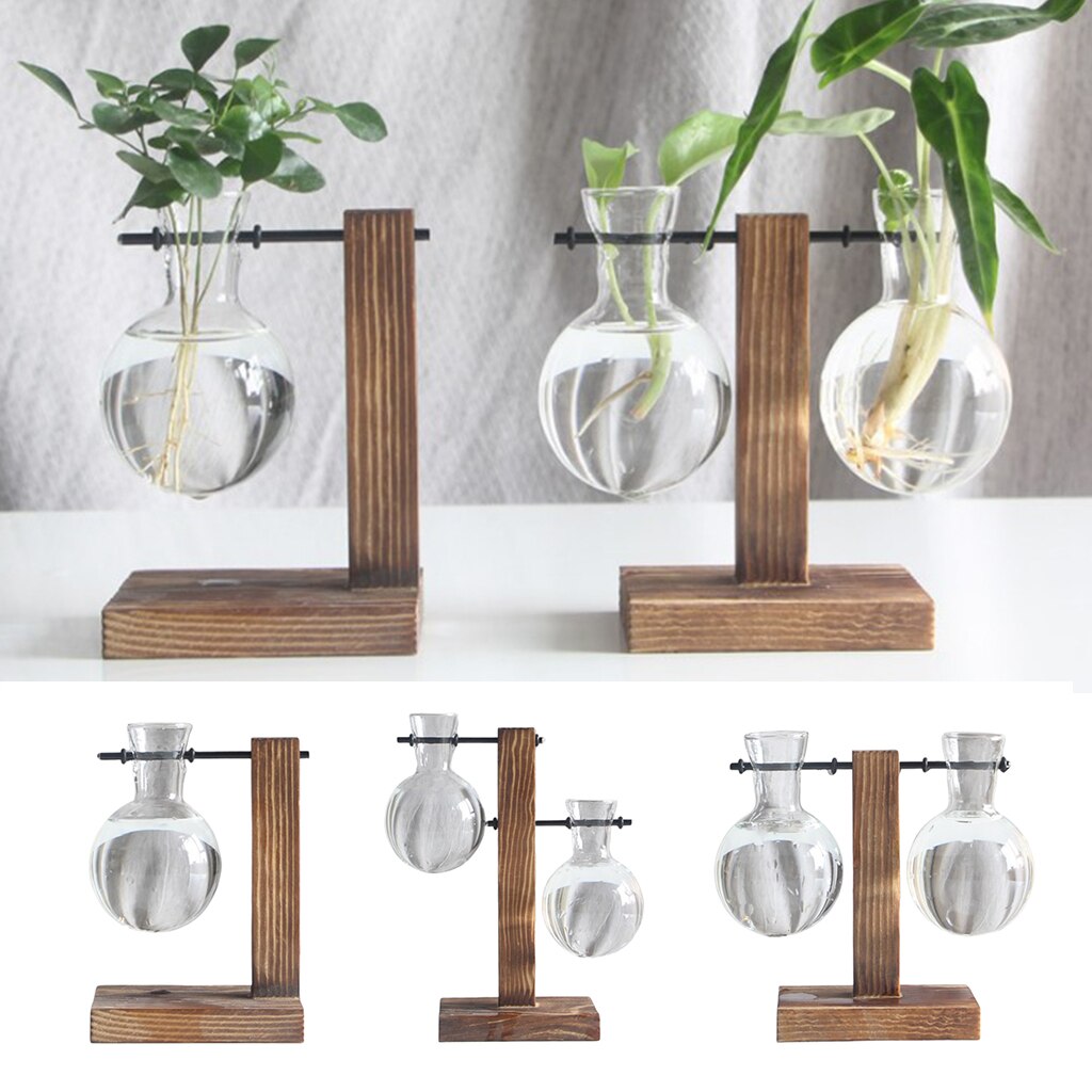 Decorative Desktop Glass Bulb Vase Holder w/ Wood Stand Plant Terrarium
