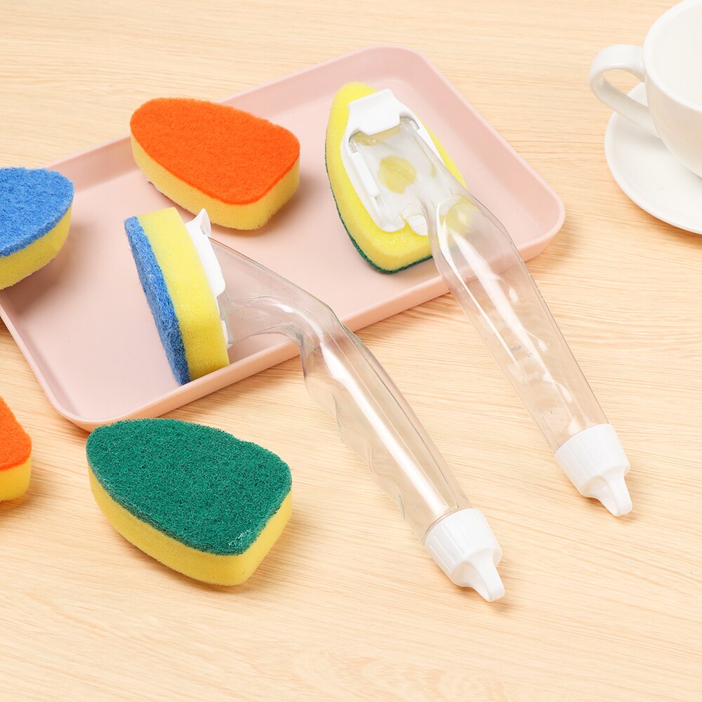Replaceable Cleaning Brush With Refill Liquid Handle Scouring Pad Sponge Brush Dispenser Dish Scrubber Home Washing Tool
