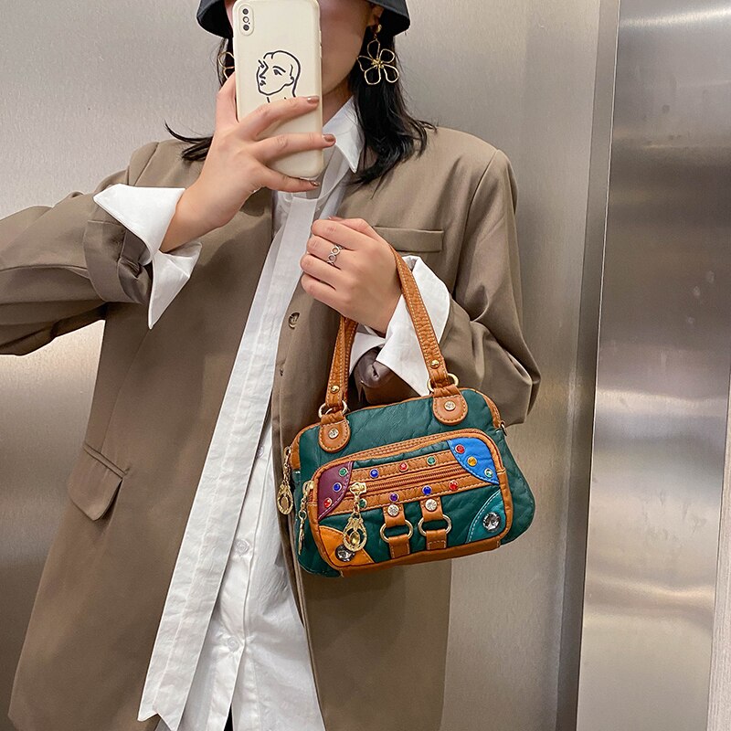 Pu Leather Multicolor Optional Shoulder Bag Ladies Crossbody Messenger Bag Ladies Rivet Soft Package Patch Multi-pocket