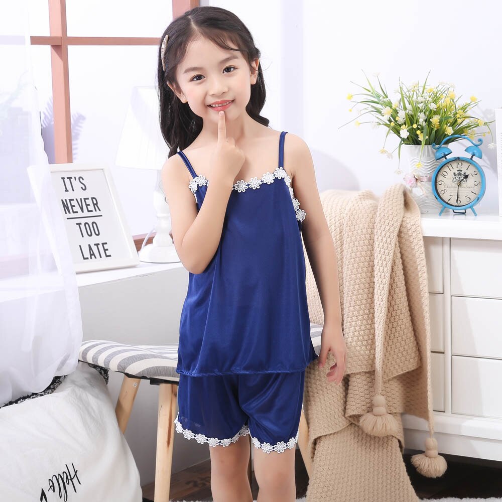 Summer Girl&#39;s Satin Pajamas 2 to 3 4 5 6 7 8 9 10 11 12 Years Baby Girl Camisole+Shorts Silk Sleepwear Set Red Kids Home Clothes