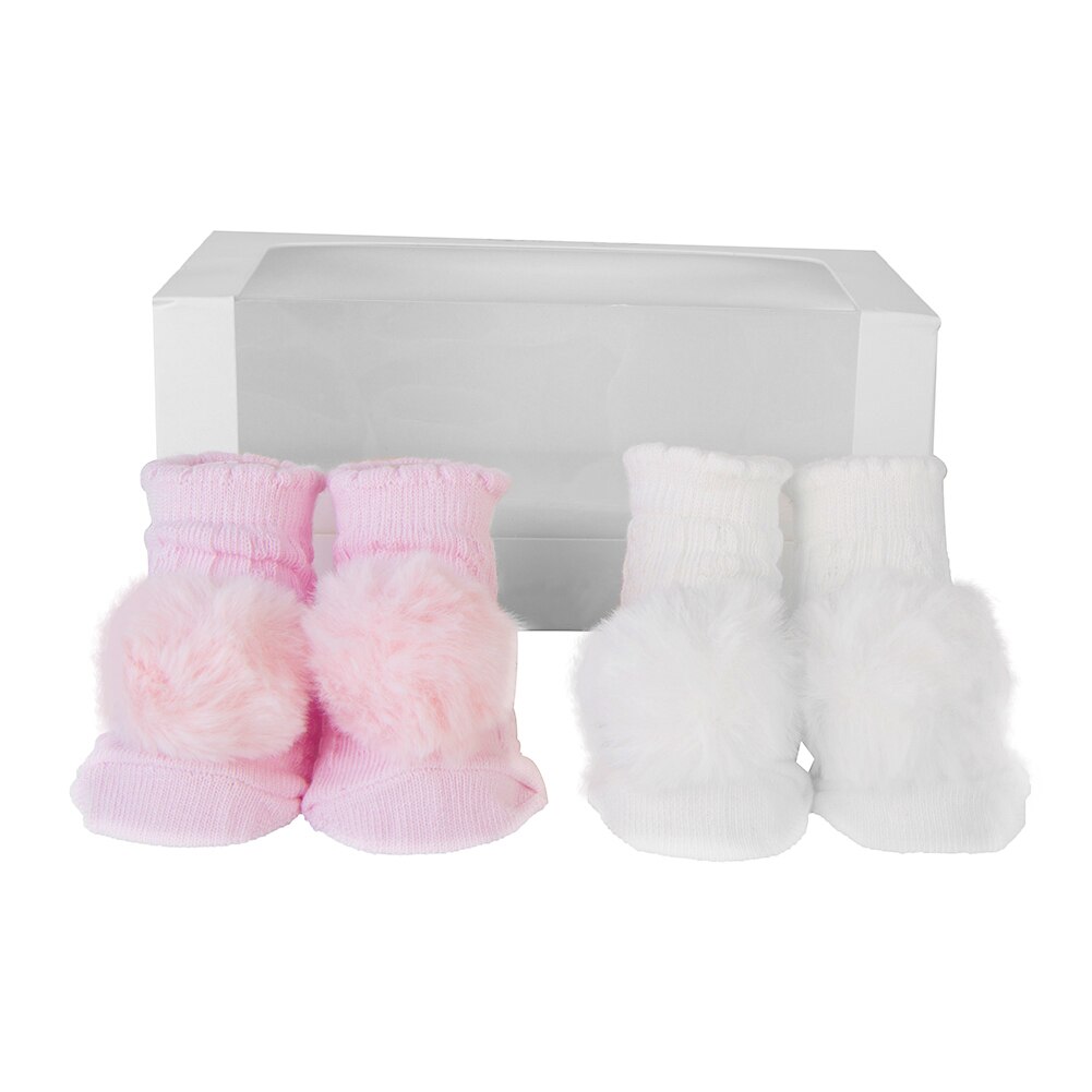 2 Paar/set Baby Meisjes Pom Pom Ademende Sokken Katoenen Baby Winter Sokken Set Anti Slip Met Pompom Antislip Sokken voor 0-6M: White Pink