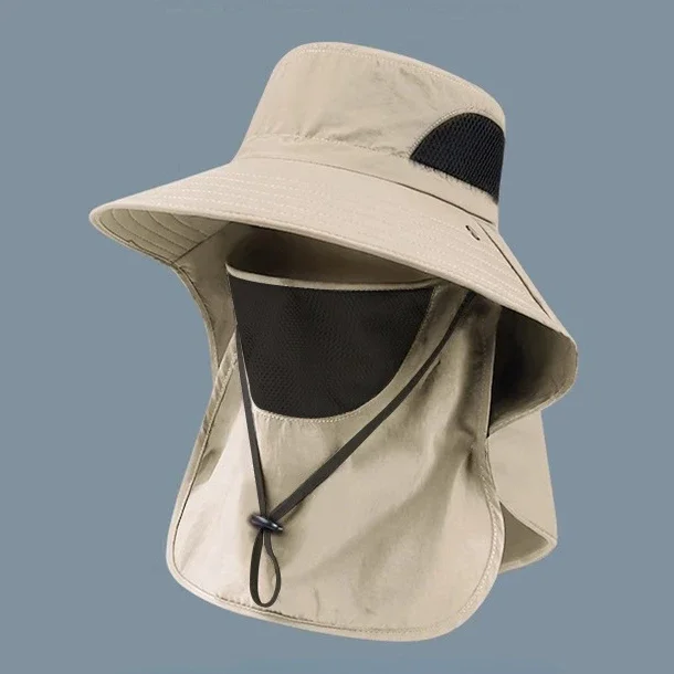Zomerzonnehoed voor heren, brede rand, UV-bescherming, emmerhoed - vissen en jagen met nekflap, ademend voor wandelen, kamperen: YELLOW