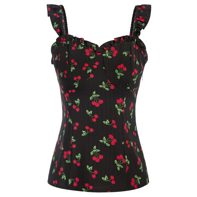 Belle Poque-Camiseta sin mangas con tirantes y volantes para mujer, ropa ajustada de los años 1950, camisetas ajustadas con escote Corazón, Tops, ropa de verano: Floral Black / L