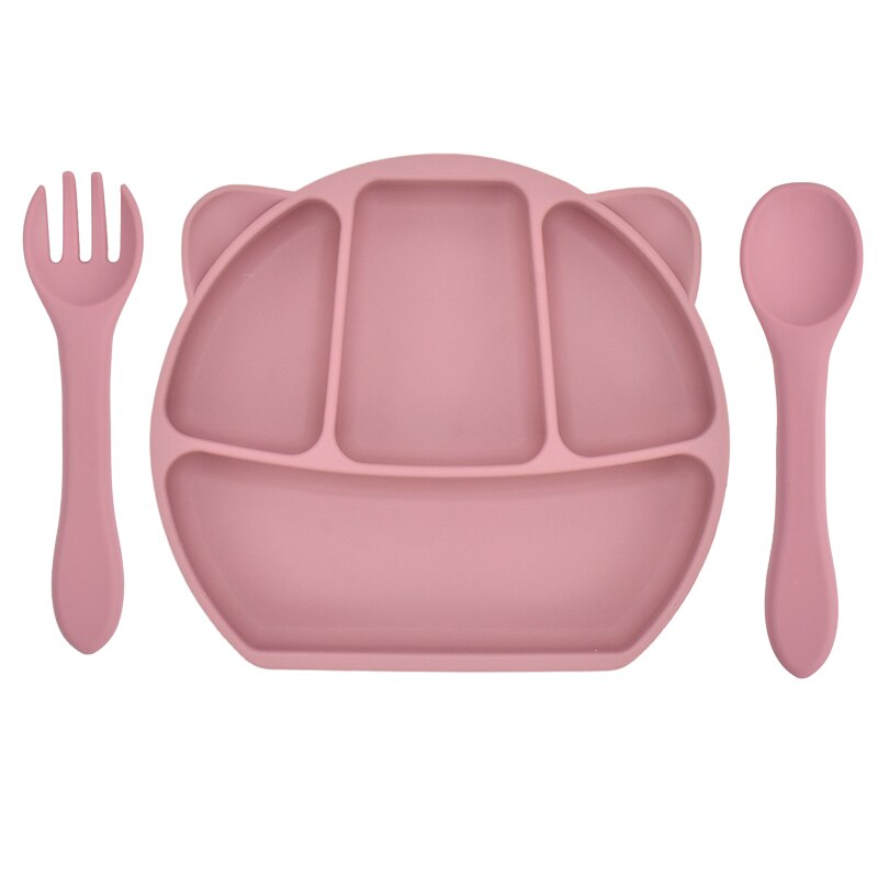 Baby Feeding Plate Food Grade Silicone Animal Type Suction Baby Plate BPA Free Waterproof Kid Tableware Plate Children Dishes: 1set Bean Pink