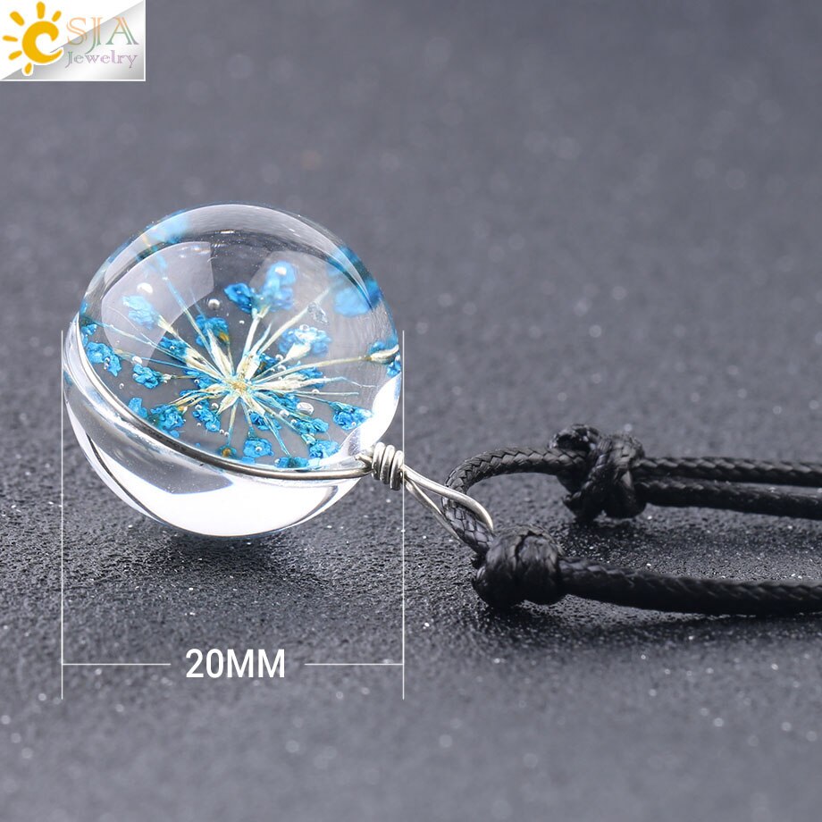 CSJA Decorativo di Modo di Fiori Secchi Collane & Pendenti con gemme e perle di Vetro Palla A Secco Pianta Pendente Corda di Cuoio per le Donne di Fascino Dei Monili F586
