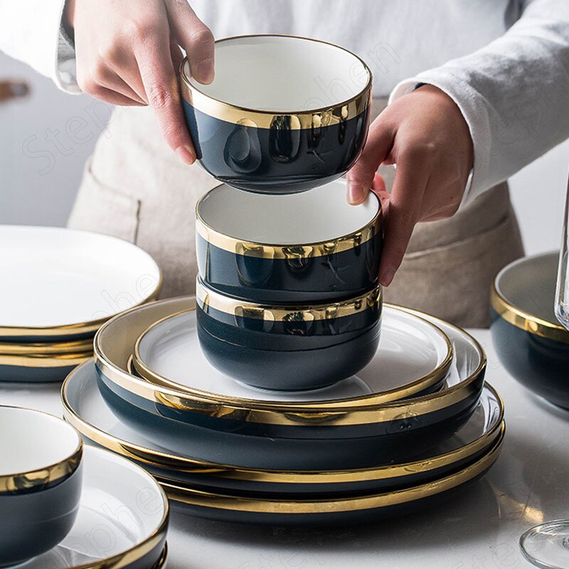 Golden Stroke Ceramic Dinner Set Plates and Dishes Nordic Modern Blue Color Glaze Plates and Bowls Steak Pasta Western Tableware