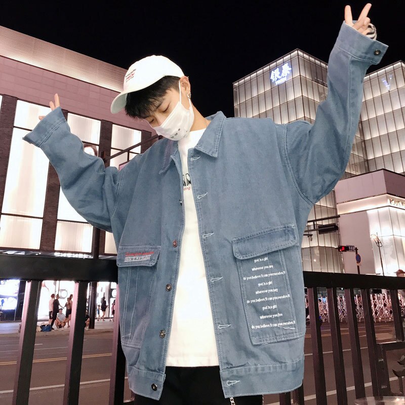 men\'s embroidery denim jacket loose Korean bf short hip-hop early autumn popular trend students teenagers coat